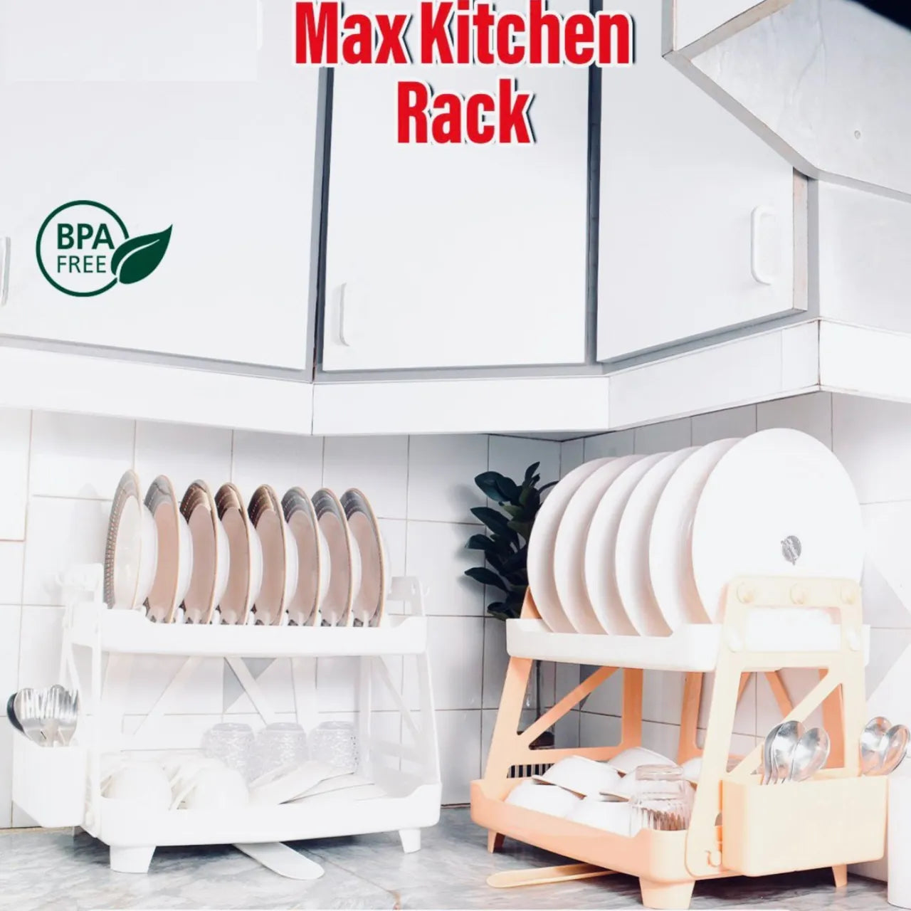 Max Kitchen Plate Stand – 2 Tier Dish Drying Rack with Drain Tray | BPA-Free Kitchen Organizer