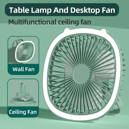 3 in 1 Portable Desktop Fan with LED Light – Table, Wall & Ceiling Hanging Fan (Rechargeable)