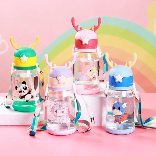 Kids Horn Water Bottle – Cute Cartoon Straw Bottle with Strap (Leakproof & BPA Free)