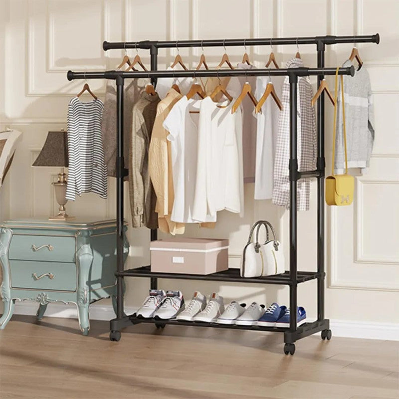 Heavy Duty Clothes Rack with Shoe Shelf (50KG) – Industrial Metal Garment Stand with Wheels