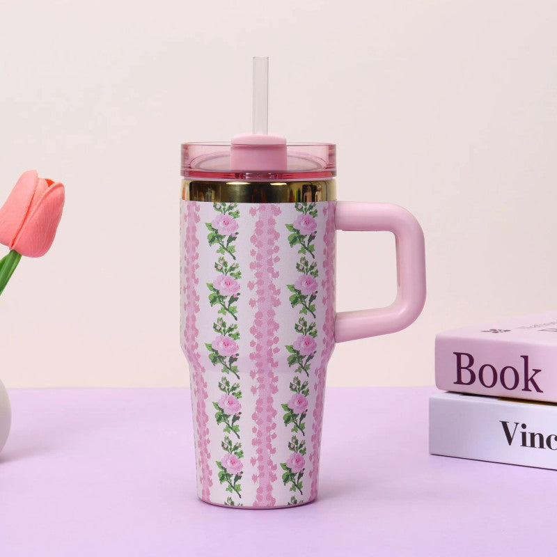 Floral Tumbler with Handle – Insulated Flower Design Cup with Straw