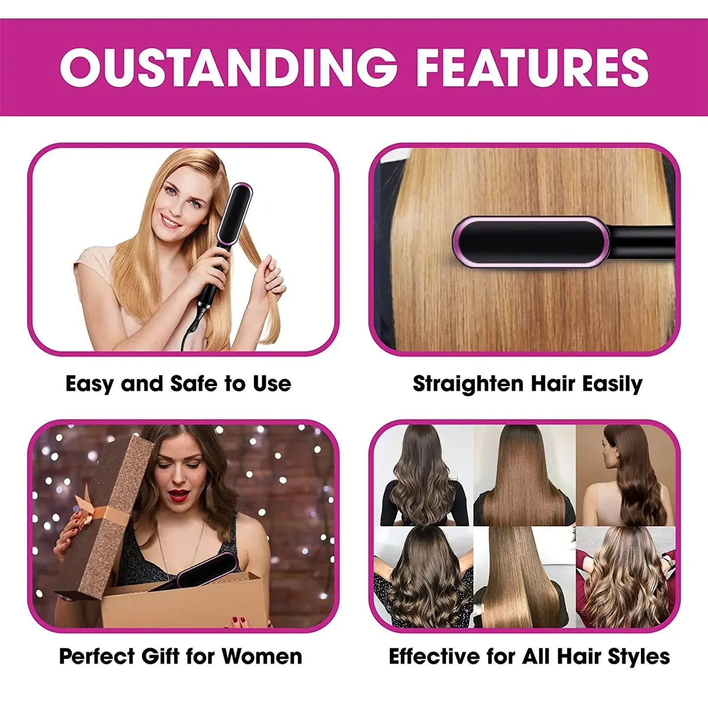 Hair Straightener Brush – 2 in 1 Fast Heating Straightening Comb (Dry & Wet Use)