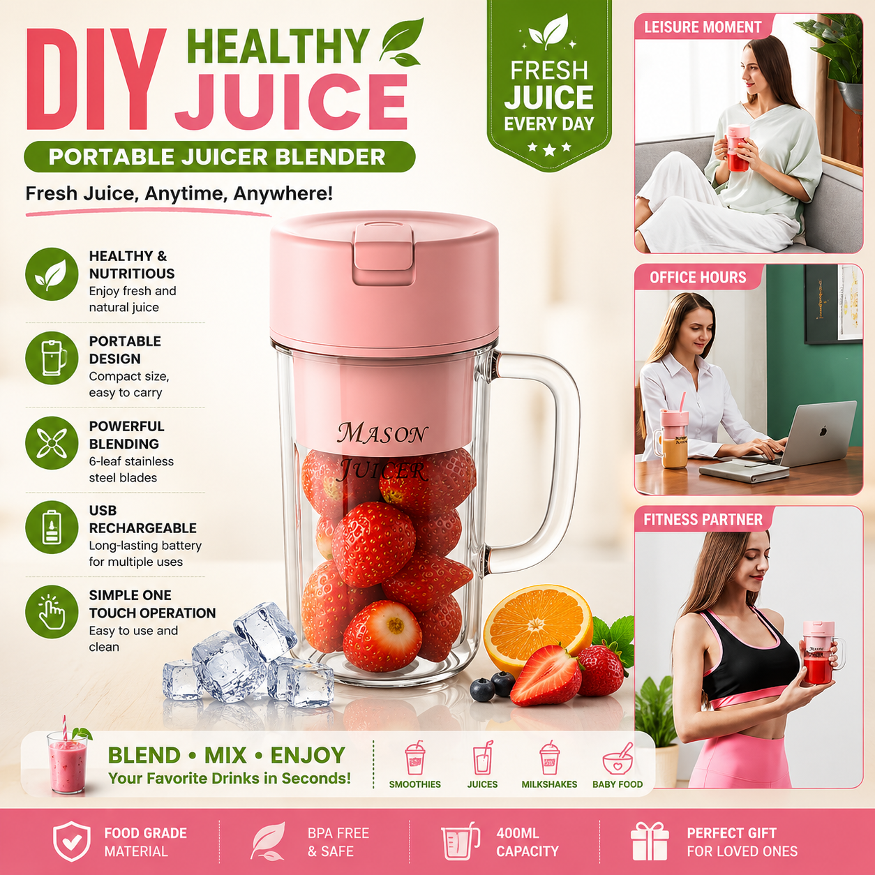 Portable Juicer Blender & Smoothie Maker (400ML)