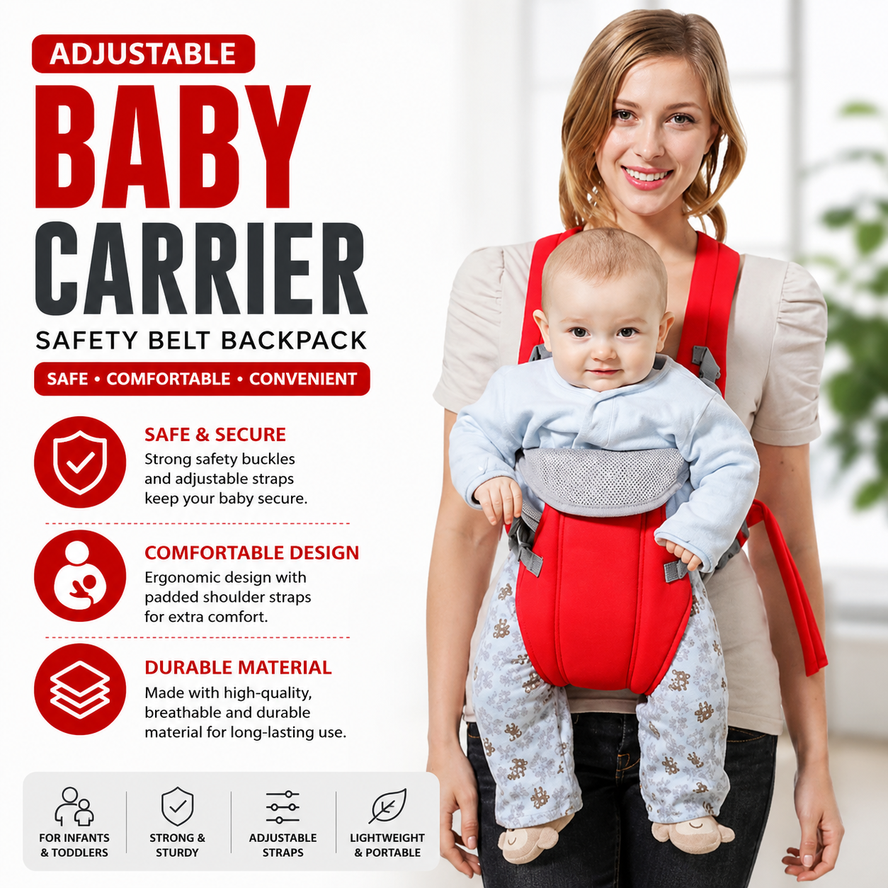 Adjustable Baby Carrier Safety Belt Backpack | Strong Material Infant & Toddler Carrier