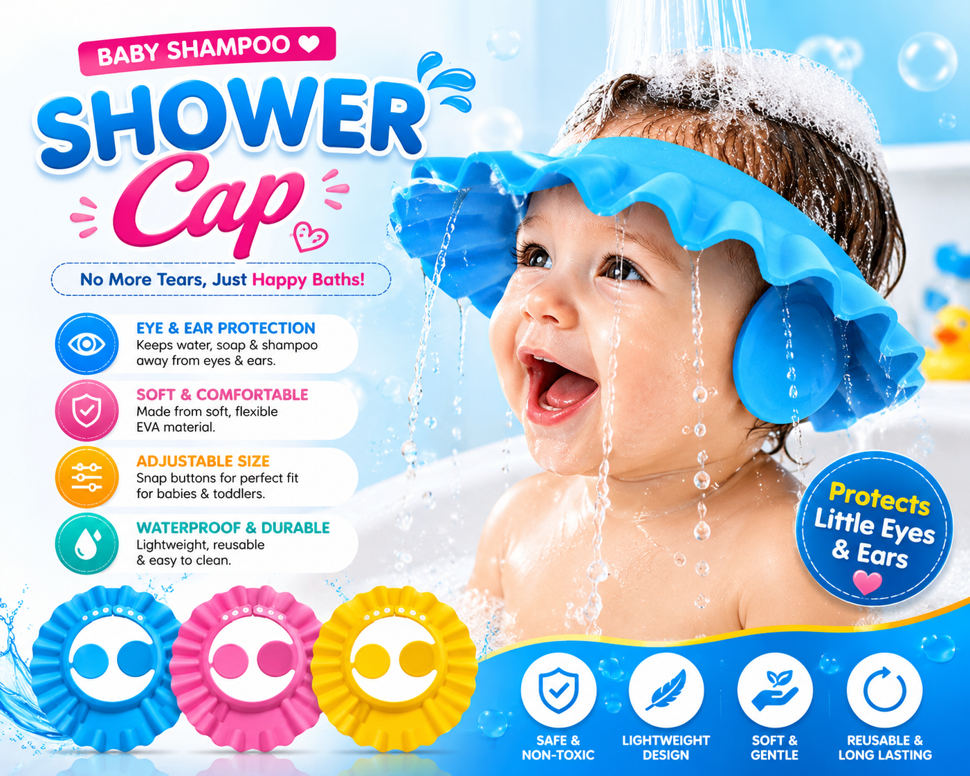 Baby Shampoo Cap for Kids – Adjustable Waterproof Bath Visor with Eye & Ear Protection