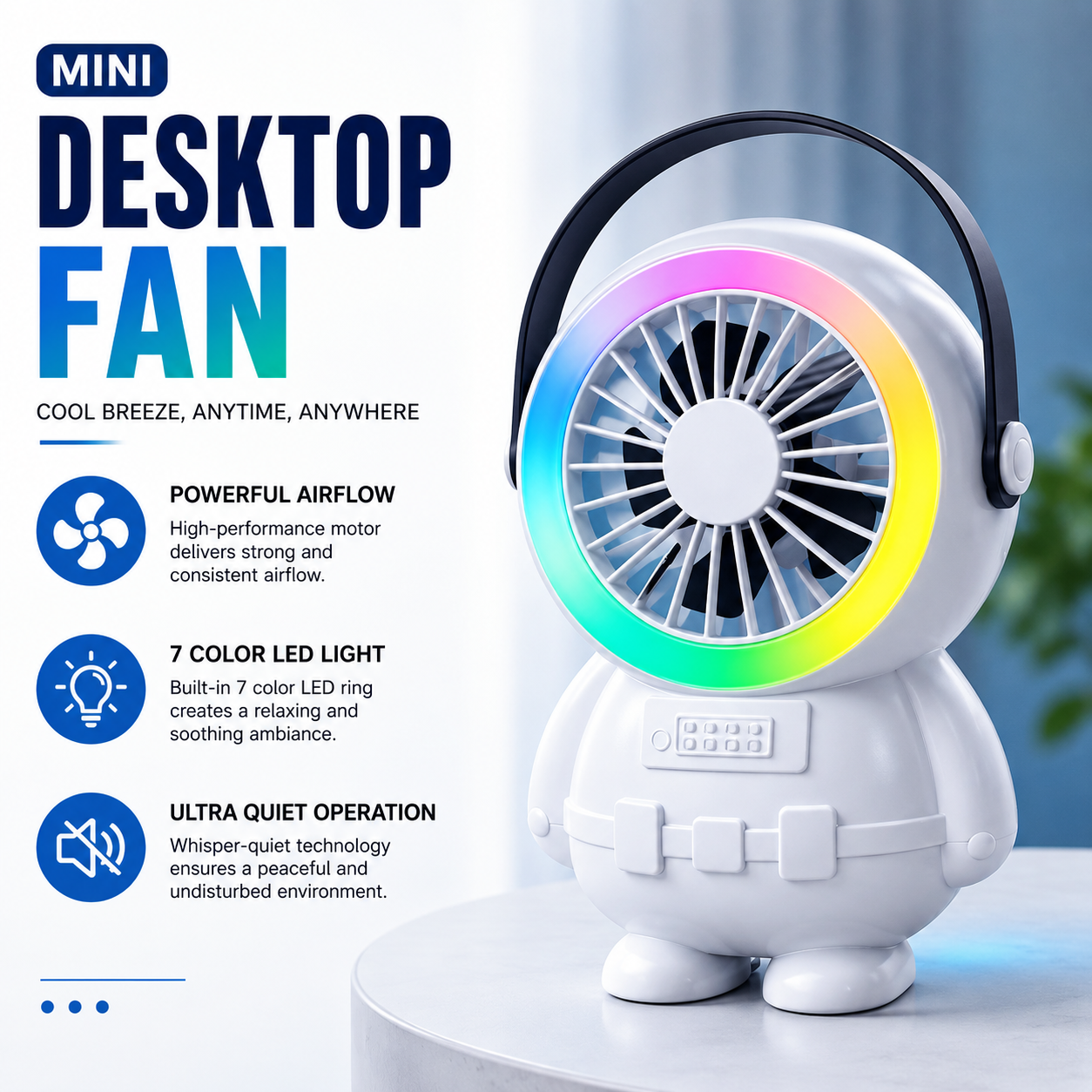 Astro Series Astronaut Mini Desktop Fan – Portable USB Rechargeable Fan with RGB Night Light