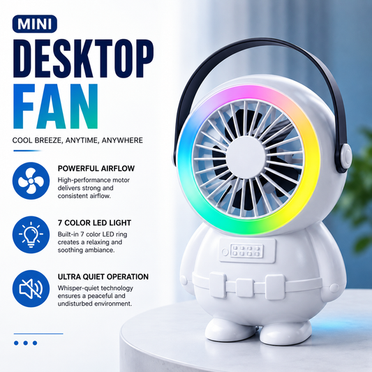 Astro Series Astronaut Mini Desktop Fan – Portable USB Rechargeable Fan with RGB Night Light