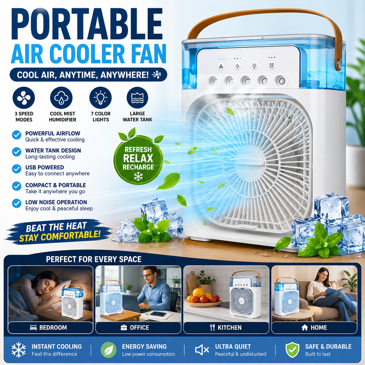 Portable Air Cooler Desk Fan with Water Spray – USB Mini Air Conditioner