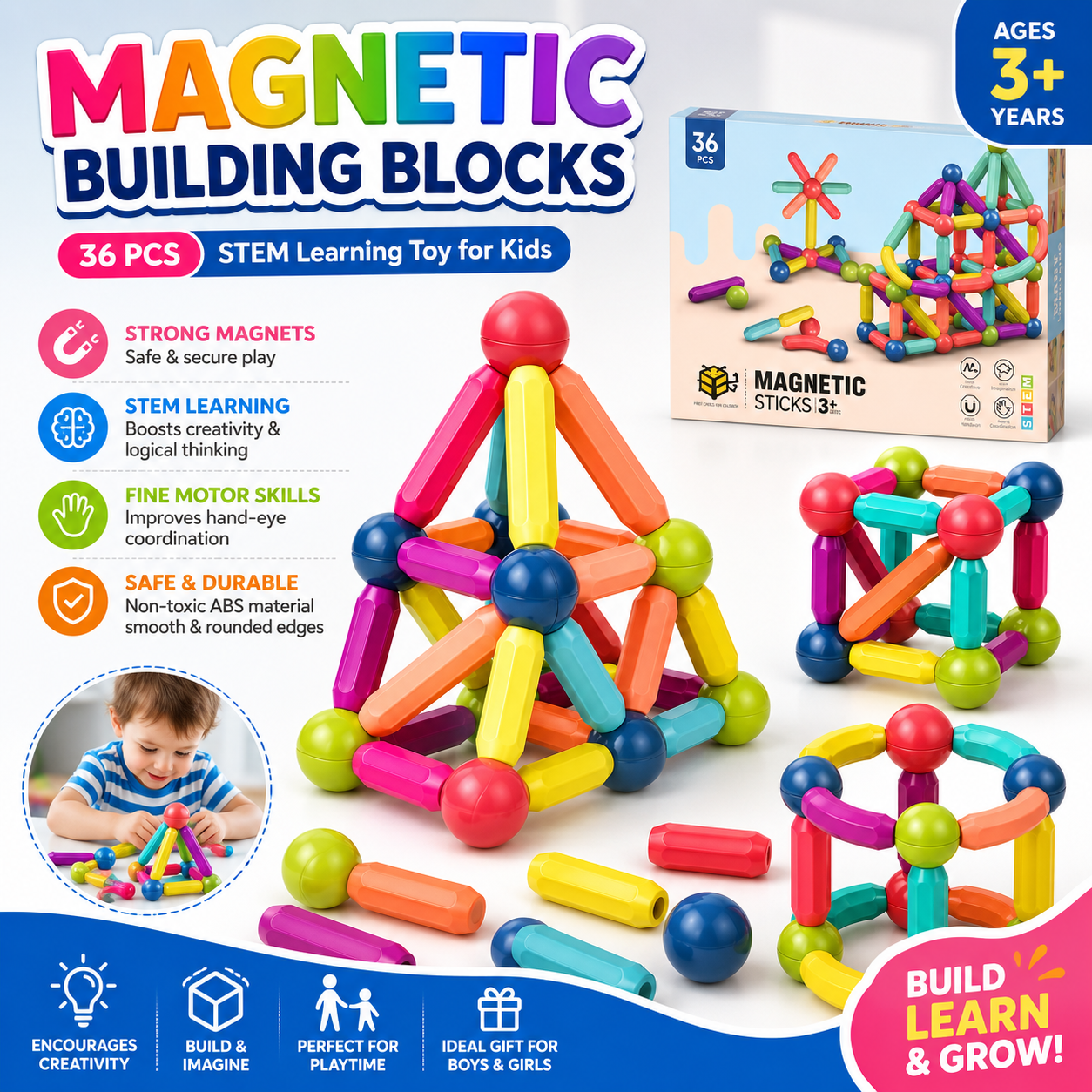 Kids Magnetic Building Blocks – STEM Educational Balls & Rods Toy Set
